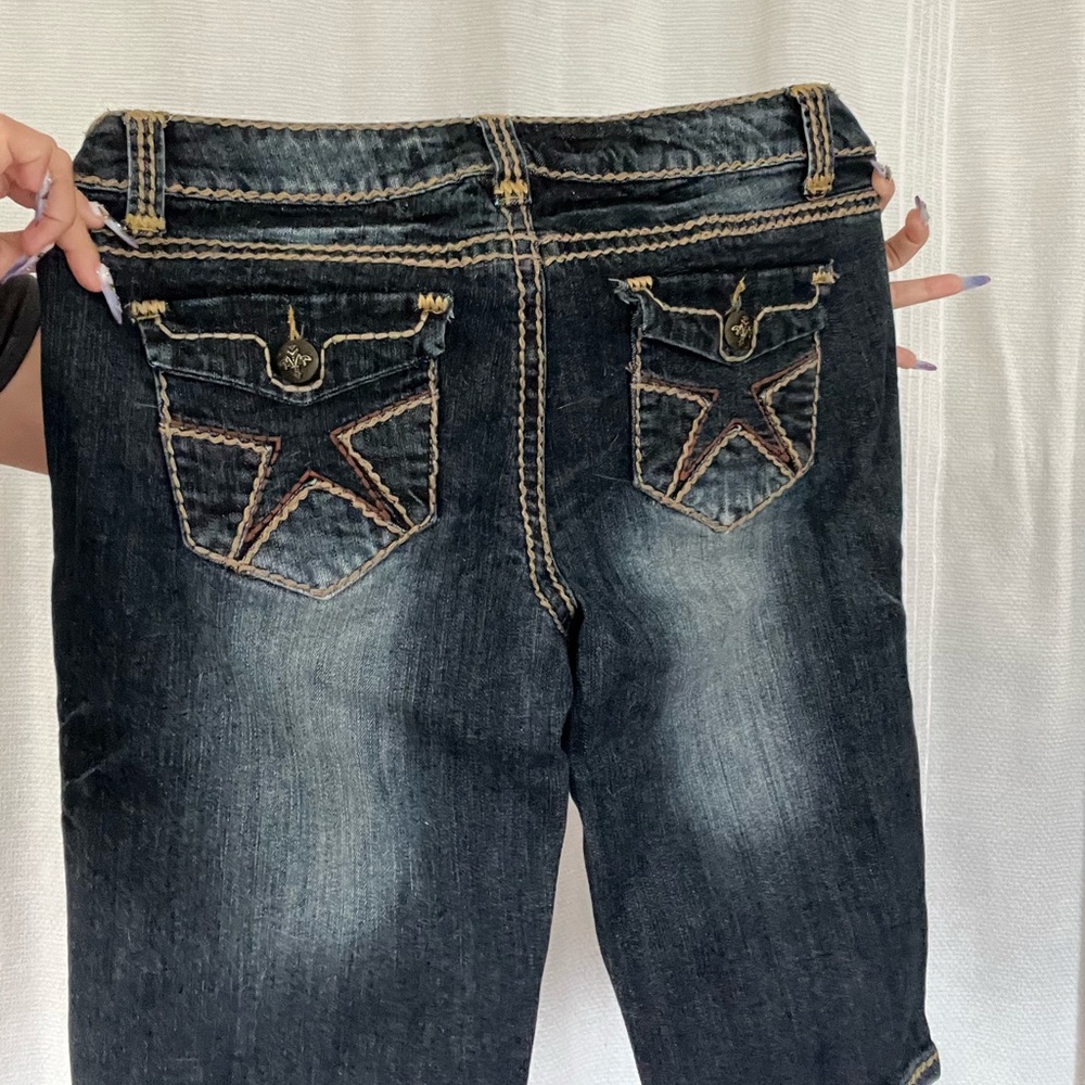 Super cute star back pockets chunky stitching Y2K long denim shorts